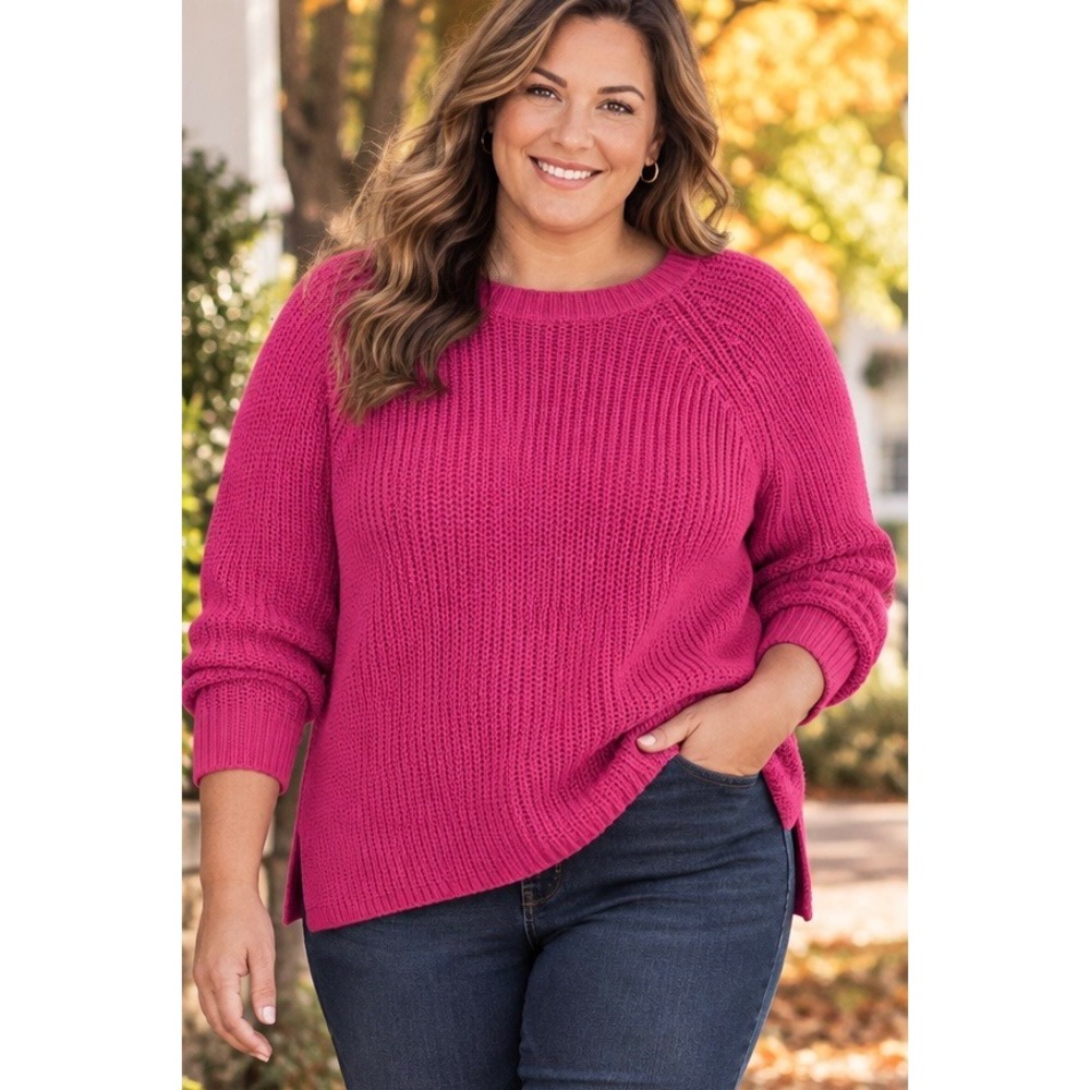 Lauren Ralph Lauren Pink Cotton Shaker Knit Sweater 3X Raglan Crewneck Slits